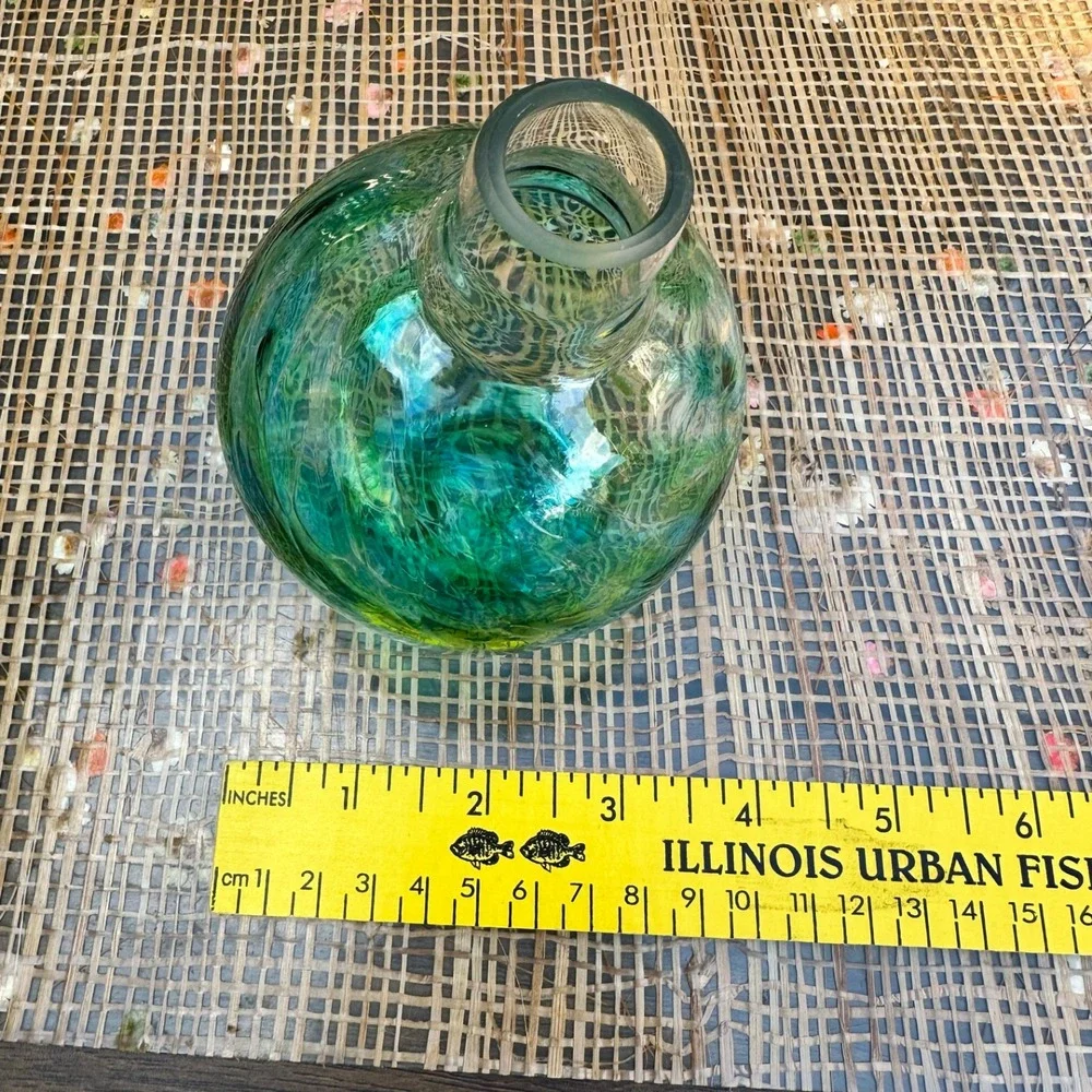 Handblown Glass Ball Flower Vase Green Blue Crackle Texture Round Bud Vase - Picture 5 of 8